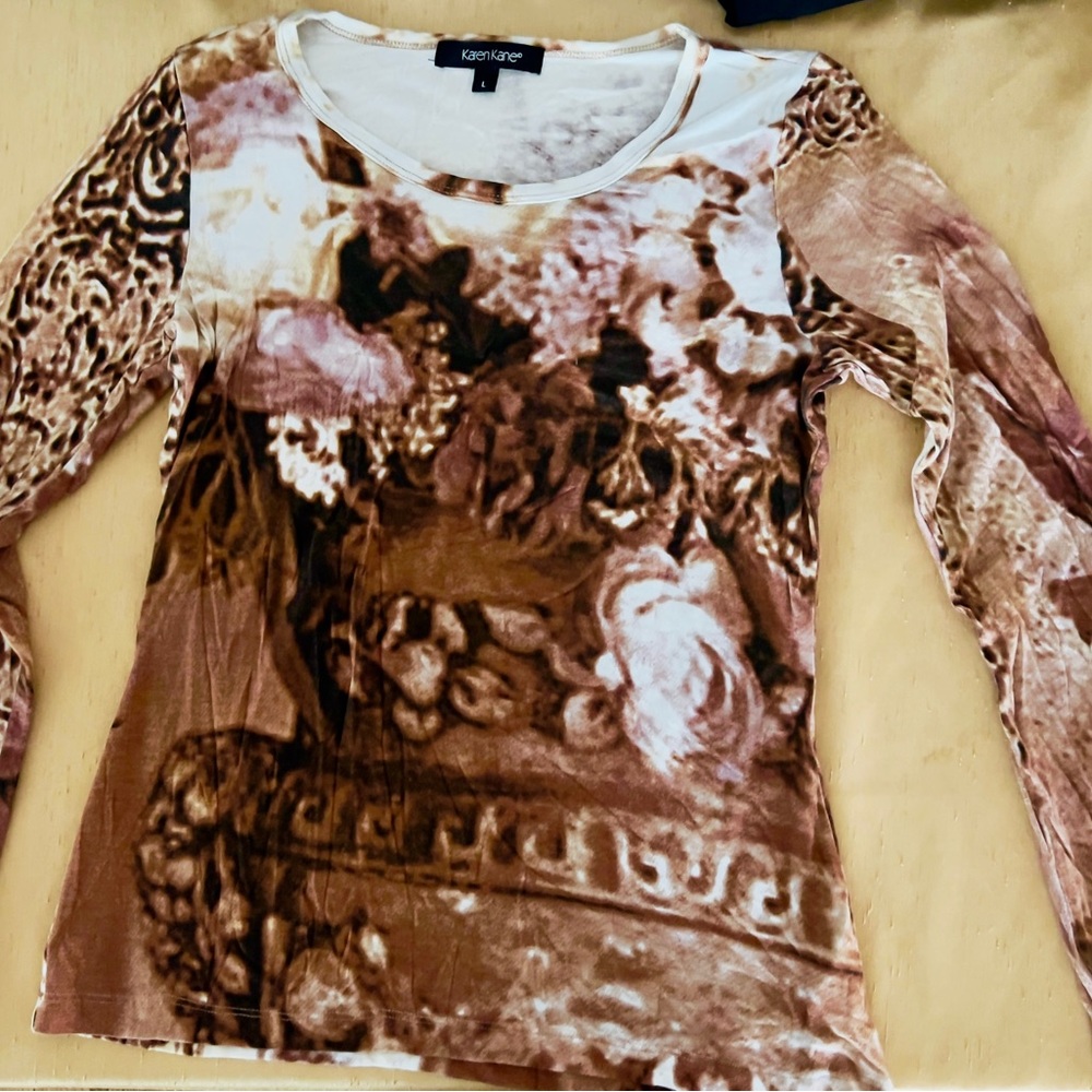 Karen Kane Brown Cream Print Pullover Top Sz L